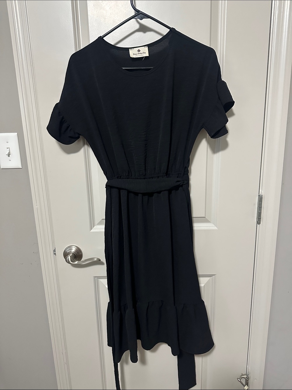 Zara Black Short-Sleeve Ruffle-Hem Dress with Waist Tie